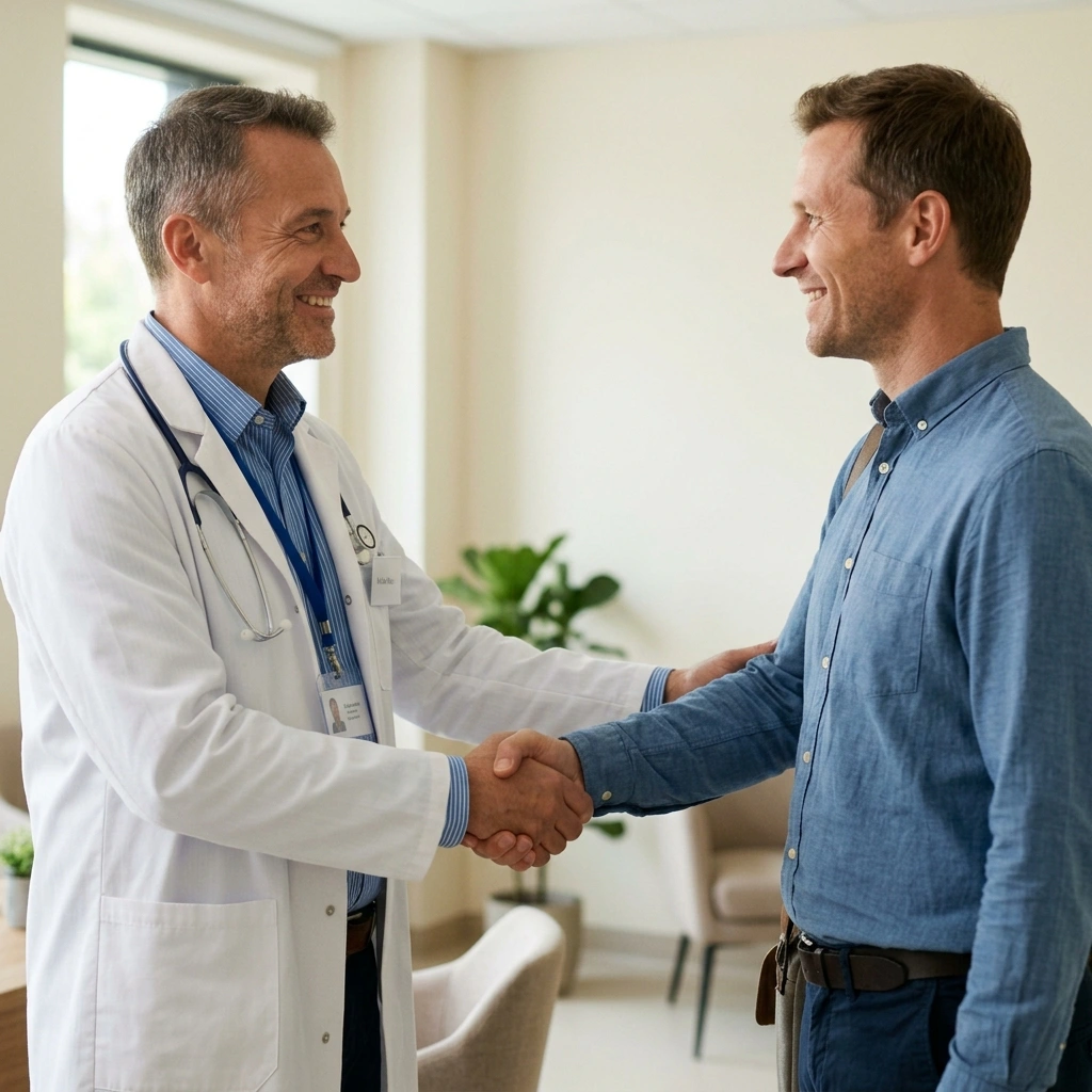 Врач пожимает руку довольному пациенту после кодирования гипнозом